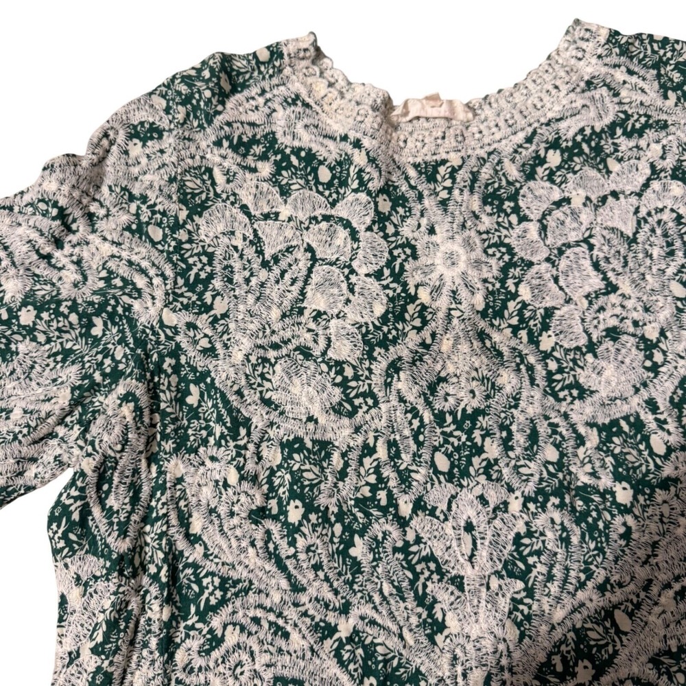 Solitaire Womens Top Large Teal Floral Print Bell Sleeve BOHO embroidered *Read*